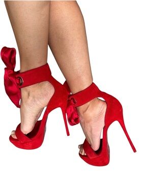 Christian Louboutin Torrida Alta 150 Red Satin Bow suede High Heel Sandals